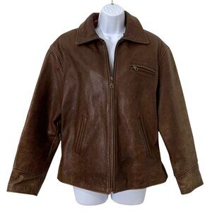 Metropolitan NY Distressed Brown Leather Jacket Full Zip Side Cinch Womens SZ L